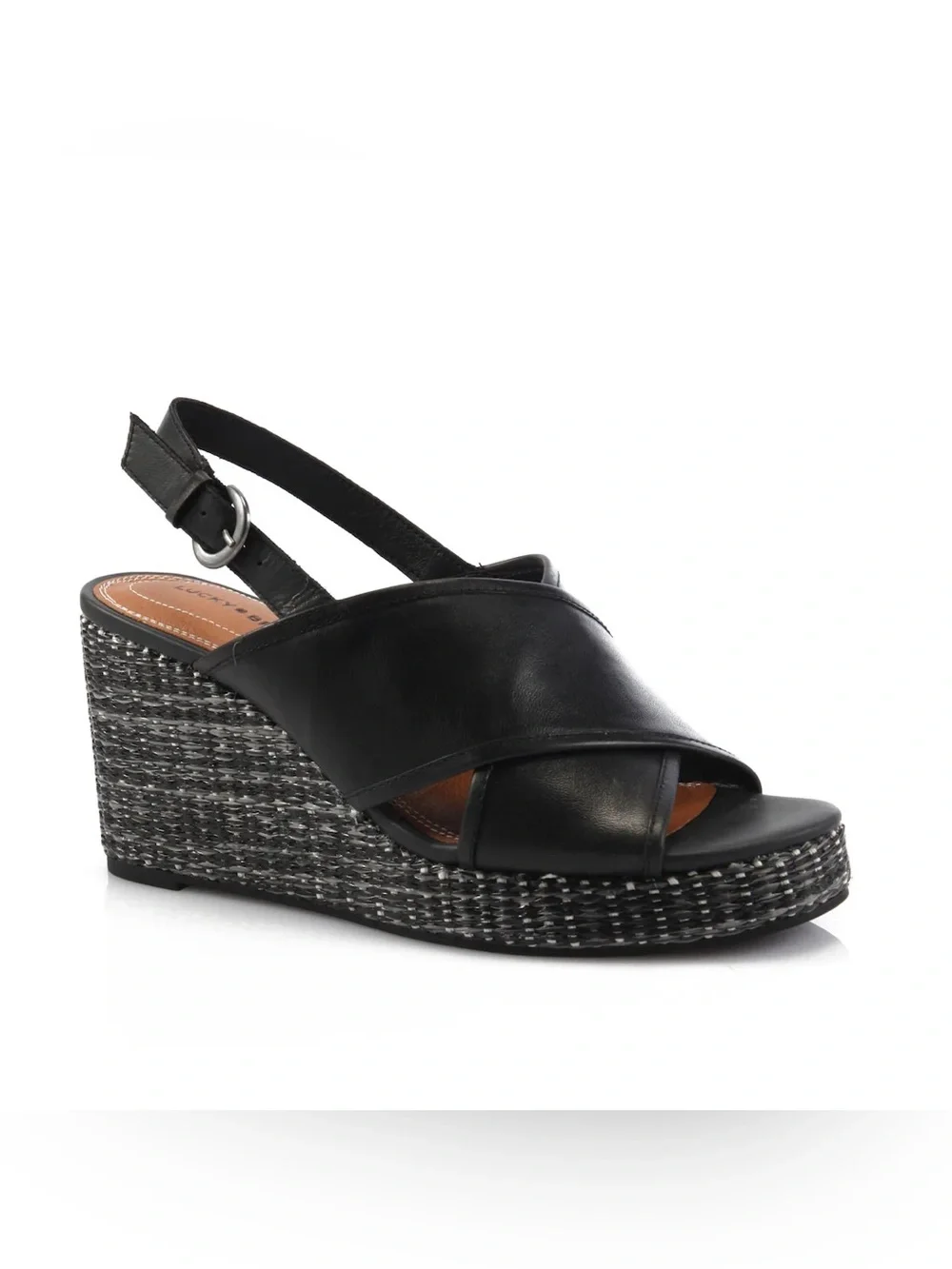 Lucky Brand Black Leather Crossband Wedge Sandals